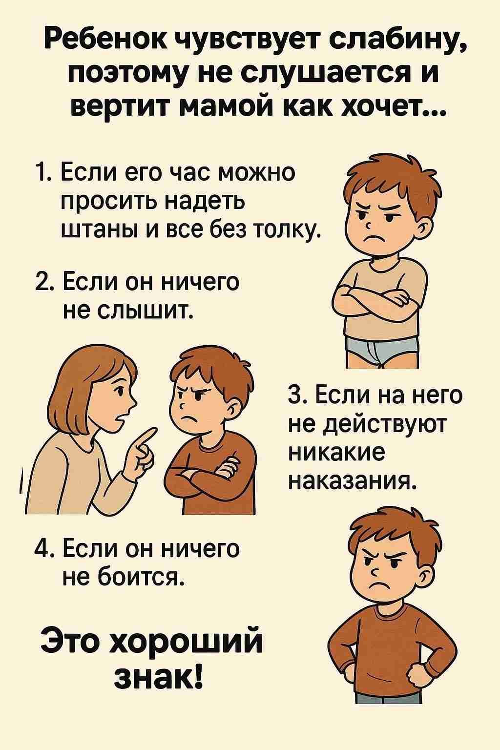 Ребенок чувствует слабину, поэтому не слушается и вертит мамой как хочет.. Это хороший знак,…