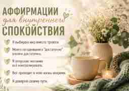 Аффирмации для внутреннего спокойствия Я выбираю мир вместо тревоги. Моего сегодняшнего «достаточно» вполне достаточно….